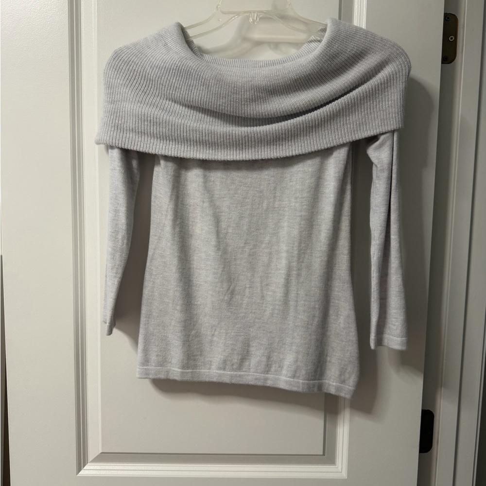 Off-Shoulder Ribbed Foldover Sweater - Light Gray